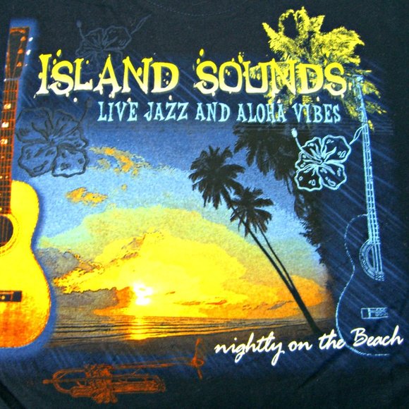 Men's T Shirt Island Sounds Graphic Tropical Print Short Sleeve New Navy Blue - Picture 2 of 5